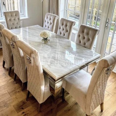 Beautiful dining table designs ideas White Marble Dining Table, Cream Dining Chairs, Chrome Dining Table, Dining Room Design Luxury, Marble Dining Table, Beautiful Range, Marble Dining, Silver Chrome, Dining Table Top