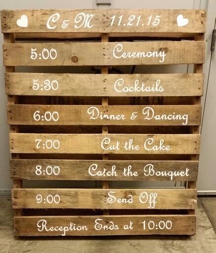 Wedding events time schedule on a pallet Pallet Wedding Decor, Chalkboards Ideas, Ceremony Schedule, Wedding Pallet, Order Of The Day Sign, Pallet Wedding Signs, Order Of Wedding Ceremony, Wedding Ides, Young Wedding