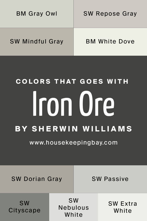 Exterior House Colors Iron Ore, Iron Ore Sherwin Williams Bathroom Vanity, Dark Interior Wall Colors, Iron Ore Sherwin Williams Exterior With White Trim, Whole House Color Palette Iron Ore, Paint Color Iron Ore, Industrial Basement Paint Colors, Iron Ore Pairing Colors, Iron Ore Color Palette Accent Wall