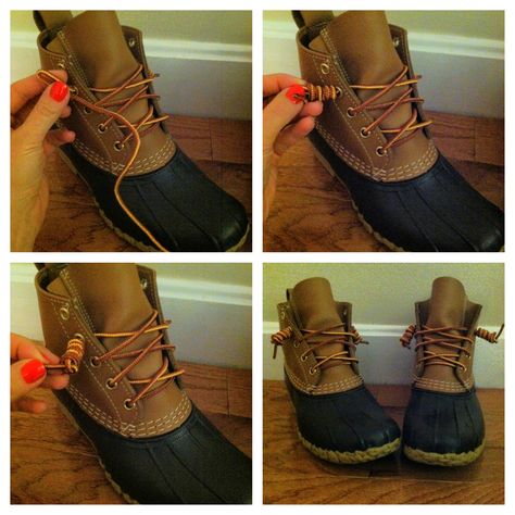 How to tie your LL Bean Boots How To Tie Laces On Duck Boots, Duck Boots Outfit Work, Fall Outfits Duck Boots, How To Style Duck Boots, Ll Bean Duck Boots Outfit, Style Duck Boots, Styling Duck Boots, Duck Boot Outfits, Llbean Duck Boots Women