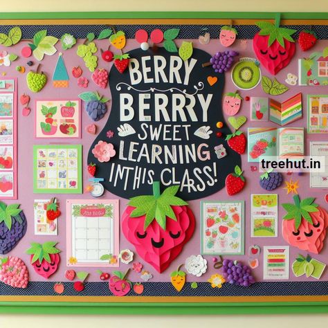 Berry Bulletin Board Ideas, School Bulletin Board Ideas Bulletin Board Ideas Birthday, Fruit Classroom Decor, Monthly Bulletin Board Ideas, Bulletin Board Elementary School, Strawberry Bulletin Board, Teachers Lounge Decor, Elementary School Bulletin Boards, School Therapist, School Bulletin Board Ideas