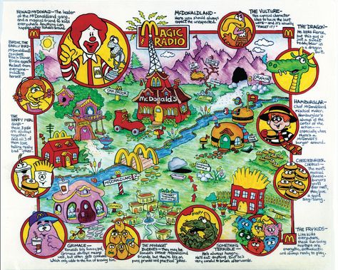 Here's a 1995 McDONALDLAND MAP concept drawing that shows you what was going on inside my art director brain at the time. Ronald McDonald. Grimace. Birdie. Hamburglar. Fry Guys. Fry Kids. Happy Meal Guys Puppets. McNuggets. McNugget Buddies. McDonald's. Hamburger. French Fries. VISIT MY McDONALDLAND PAGE: https://www.facebook.com/FilmingInMcDonaldland Mcnugget Buddies, Mcdonalds Vintage, Mc Donald's, Vintage Mcdonalds, Dope Cartoons, Collage Des Photos, Concept Drawing, Concept Draw, Strawberry Shortcake Party