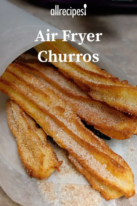 Air Fryer Churros | "Who doesn't love churros? They're a delicious cinnamon-sugar treat, and making them in an air fryer takes them from a guilty treat into a sweet treat." #allrecipes #airfryer #airfryerrecipes #howtouseanairfryer #dinnerideas Airfryer Churros, Air Fryer Churros, Air Fryer Desserts, Food Air Fryer, Air Fryer Food, Air Fryer Ideas, Recipe Photo, Churros Recipe, Air Fryer Meals