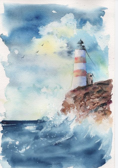 An original watercolour of a lighthouse and spicy waves. Painted on Arches paper, with Winsor and Newton Professional paints. Available as original or print, both in A4. Drawing Of A Lighthouse, To The Lighthouse, Winsor And Newton, Watercolor Art Landscape, Professional Watercolor, Lighthouse Painting, Lighthouse Art, Watercolor Architecture, Easy Canvas Painting