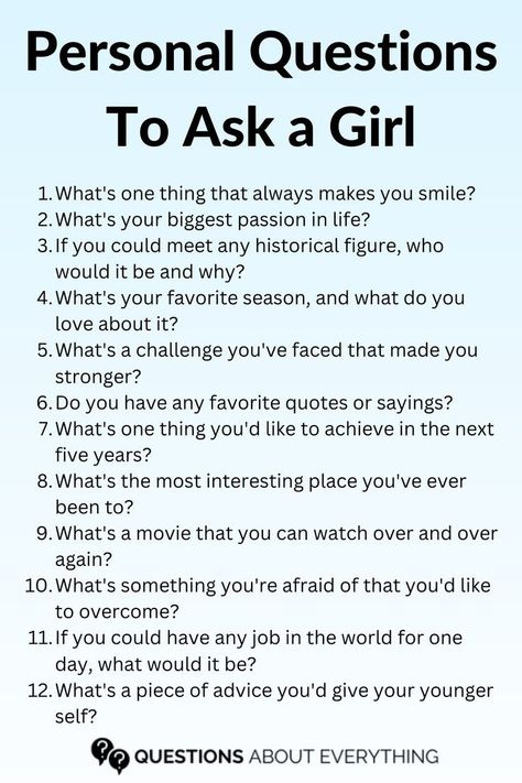 personal questions to ask a girl Ask Her Out Ideas, Good Questions To Ask Your Girlfriend, Girl Talk Topics, Topics To Talk About With Your Gf, Q&a Questions, Questions To Ask Someone To Get To Know, Comforting Girlfriend, Flirty Questions To Ask A Girl, Get To Know Questions