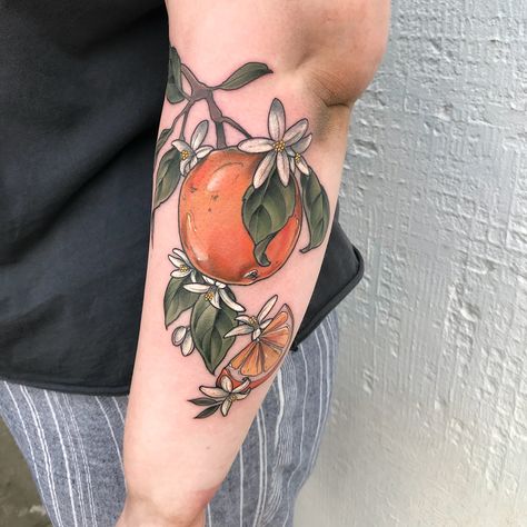 Orange branch tattoo - citrus fruit tattoo Orange Branch Tattoo, Orange Tattoo, Orange Branch, Believe Tattoos, Fruit Tattoo, Branch Tattoo, Bff Tattoos, Blossom Tattoo, Botanical Tattoo