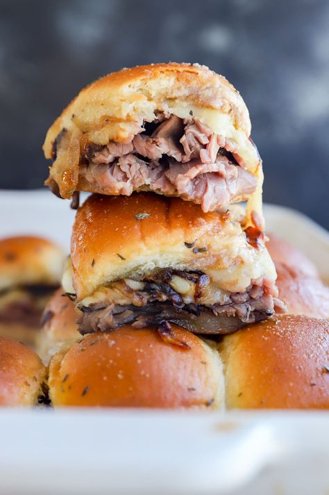 The Best Baked Roast Beef Sliders | Cake 'n Knife Rolled Roast Beef, Gourmet Picnic, Honey Lime Shrimp, Rolled Roast, Roast Beef Sliders, Best Party Appetizers, Gourmet Bbq, Sliced Roast Beef, Beef Sliders