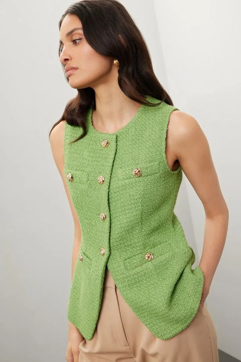 Tweed Buttoned Long Split Jacket by Endless Rose | Rent the Runway Sleeveless Vest Outfit, Vest Top Outfits, Long Vest Outfit, Tweed Blazer Women, Vest Outfit, Fashion Corner, Smart Outfit, Long Vests, Rent The Runway