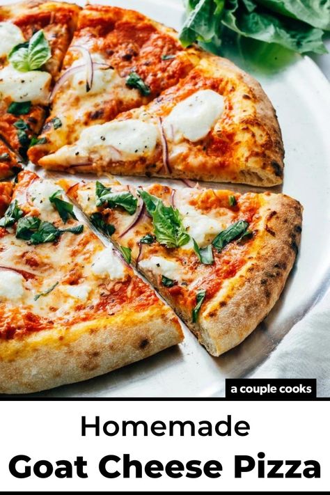 Here's how to make goat cheese pizza, with gooey pockets of cheese and a tangy tomato sauce. It's irresistible! #goatcheesepizza #pizza #pizzarecipe #goatcheesepizzarecipe #tacocatgoatcheesepizza Easy Dinner Recipes Vegetarian, Goat Cheese Pizza Recipes, Make Goat Cheese, The Best Homemade Pizza, Cheese Pizza Recipe, Goat Cheese Pizza, Baked Goat Cheese, A Couple Cooks, Best Homemade Pizza