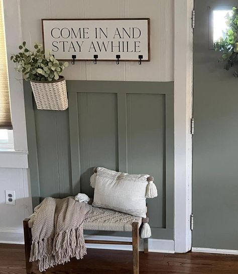 Evergreen Fog With Accent Wall, Green Accent Wall Entryway, Evergreen Fog Farmhouse, Sage Green Foyer, Sw Elder White, Evergreen Fog Door, Small Doorway Ideas, Sw Eider White, Sw Evergreen Fog