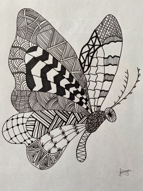 Butterfly Doodle Art Simple, Zentangle Art Butterfly, Zen Tangle Butterfly, Zentangle Butterfly Pattern, Zentangle Animals Easy, Stilasi Flora, Doodle Art Butterfly, Zentangle Drawings Beautiful, Zentangle Butterflies