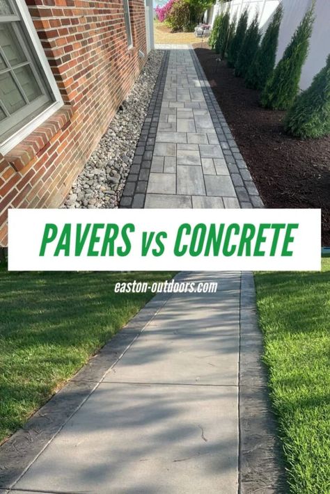 Paver Vs. Concrete Patio | What You Need to Know Driveway Pavers Extension, Concrete And Pavers, Large Concrete Pavers, Pavers Over Concrete, Concrete Pavers Walkway, Stamped Concrete Walkway, Poured Concrete Patio, Concrete Front Porch, Concrete Paver Patio