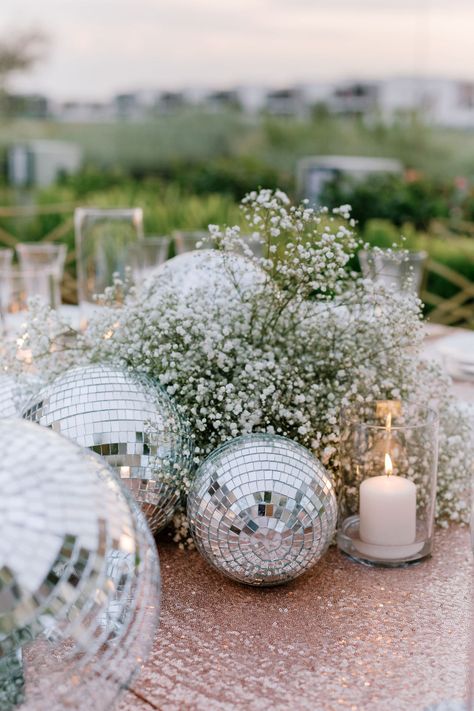 Disco Ball Wedding Table Setting, Sequin Party Decor, Engagement Party Disco Ball, Mirrorball Wedding Decor, Nye Wedding Table Decor, Disco Balls Party Decor, Disco Balls Decoration, Disco Ball And Candles, Gypsophila Disco Ball