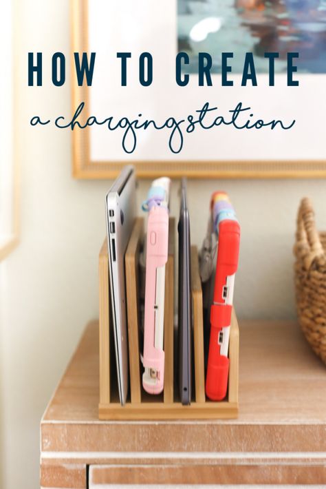 Our Family Charging Station Hidden Charging Station Ideas, Family Charging Station, Charging Station Ideas, Ipad Charging Station, Electronic Charging Station, School Paper Organization, Homework Room, Laundry Room/mud Room, Device Storage