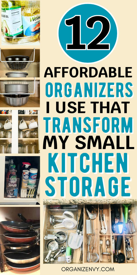 Collage of photos showing kitchen organizers in kitchen cabinets and drawers. Kitchen Pot Organization Ideas, Organization Ideas For The Home Kitchen Cabinets Small Spaces, Kitchen Organizers Cabinets, Kitchen Cabinet Organizers Ideas, Storage For Utensils, Pot Pan Storage Ideas, Storage Ideas For Pots And Pans, Small Kitchen Drawer Organization Ideas, Organization Ideas For Cabinets