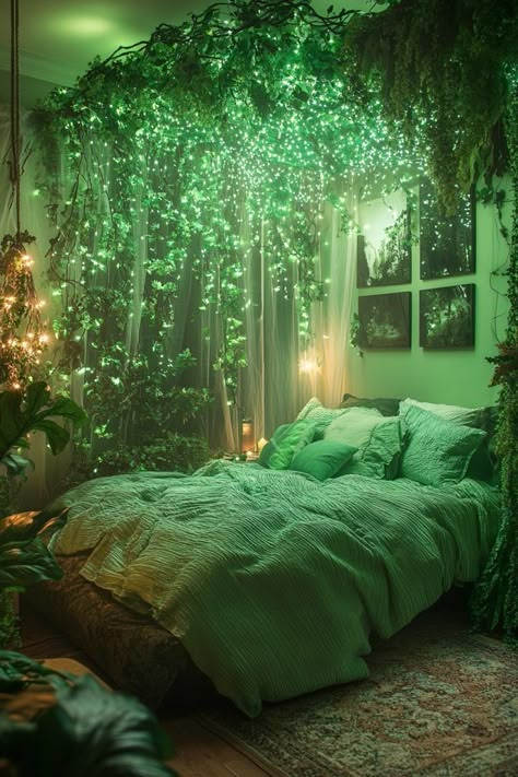 29 Halloween Decor Small Apartment Ideas to Create a Cozy and Spooky Vibe 27 Spooky Enchanted Forest Theme, Nature Bedroom Aesthetic Cozy, Fantasy Forest Decor, Green Nature Room Aesthetic, Bedroom Ideas Nature Theme, Dark Green Room Ideas Bedroom Aesthetic, Forest Aesthetic Room Decor, Small Room Ideas Green, Whichy Vibes Room