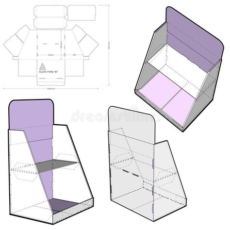 Counter display stand and Die-cut Pattern. vector illustration Product Display Stand Design, Diy Stands Display, Paper Display, Exhibion Stand Design, Cardboard Food Stand, Counter Display Design, Counter Display Stand, Stand For Cardboard Cutout, 3d Printed Display Stand