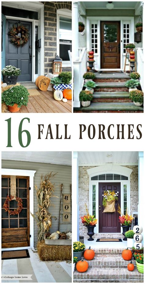 Prepare to be inspired with 16 pictures of fall porch decorating ideas! Mums, pumpkins, hay bales, corn stalks, and more! Stoop Decor, Fall Front Porch Ideas, Small Porch, Front Stoop, Porch Decorating Ideas, Fall Front Porch Decor, Primitive Fall, Decorating Diy, Fall Deco