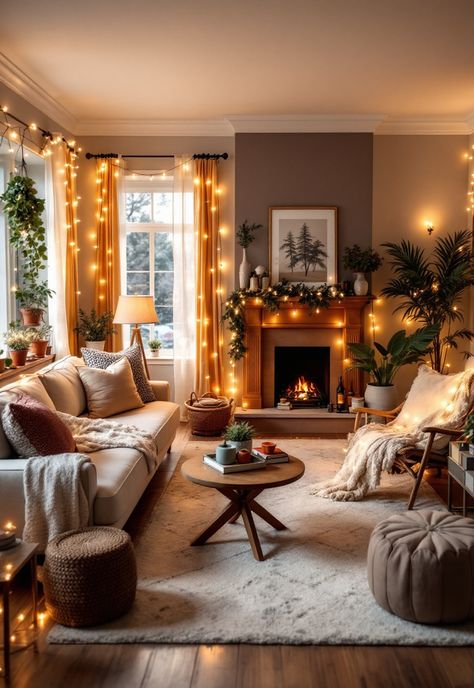 Cozy Lighting Living Room Hygge Living Room Lighting, Living Room With Fairy Lights, Living Room Twinkle Lights, Cozy Living Room Lighting Ideas, Living Room String Lights Ideas, String Lights In Living Room, Living Room Fairy Lights Ideas, Twinkle Lights Living Room, Ambiance Lighting Living Room