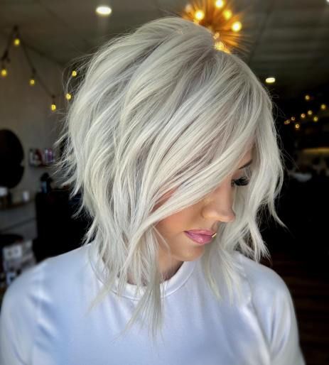 Angeled Haircut, Icy Blonde Bob, Long Stacked Bob, Medium Stacked Haircuts, Blonde Layered Bob, Reverse Bob Haircut, Bob Haircut Medium Length, Razor Bob, Long Inverted Bob