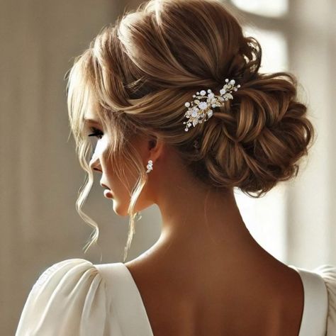 Elevate your bridal look with our Stunning Romantic Wedding Hair Clip, a breathtaking accessory adorned with delicate flowers, shimmering pearls, and dazzling crystals. Meticulously crafted to perfection, this hairpiece measures approximately 3.5 by 1.5 inches and is available in three timeless colors: gold, silver, and rose gold. To complete your ensemble, choose matching earrings sized at 3/4'' by 3/8''. Designed for brides and bridesmaids, this versatile hair clip exudes an air of sophisticat Wedding Hair All Up, Wedding Updo With Accessories, Wedding Updo Classy Elegant, Boho Bride Wedding Hair, Soft Bridal Hairstyles, Bridal Hair Chignon, Bridesmaid Hair Styles Updo, Cinderella Wedding Hair, Wedding Bridal Hair Updo