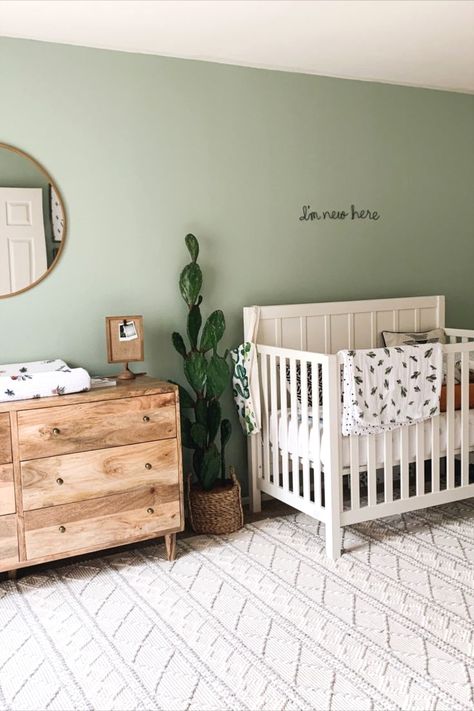 Gender Neutral Nursery Plants, Best Gender Neutral Nursery Paint Colors, Nursery Room Colors Neutral, Beige And Green Nursery, Green Theme Nursery, Nursery Ideas Neutral Green, Green Girl Nursery Ideas, Green Baby Nursery Boy, Desert Nursery Boy