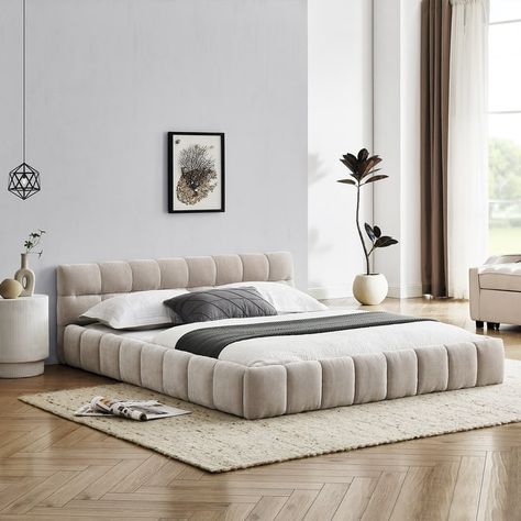 86.5" Queen Size Upholstered Bed Frame with Thick Fabric, Grounded Platform Bed with Headboard - Bed Bath & Beyond - 40865274 Cloud Bed Frame, Fabric Bed Frames, Modern Queen Bed Frame, Soft Headboard, Fabric Upholstered Bed, Floor Bed Frame, Queen Size Bed Frame, Apt Decor, Frame Bed