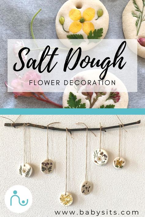 This beautiful salt dough flower recipe is a fun and relaxing activity to create beautiful decorations. Great for in your own home or as a gift! Mother’s Day Nature Gifts, Salt Dough Nature Craft, Dried Flower Mothers Day Craft, Reggio Mothers Day Gift Ideas, Salt Dough Flowers, Environmental Crafts For Kids, Dried Flower Crafts For Kids, Salt Dough Leaves, Mommy And Me Crafts