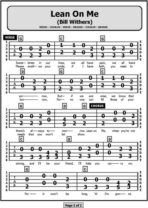 Guitar TAB Songs: Lean On Me One String Guitar Songs, Guitar Tabs Songs Rock, Guitar Tabs Songs Acoustic, Guitar Chords Beginner Songs, Easy Guitar Tabs Songs, Easy Guitar Songs For Beginners, Mandolin Songs, Guitar Tabs For Beginners, Guitar Songs For Beginners