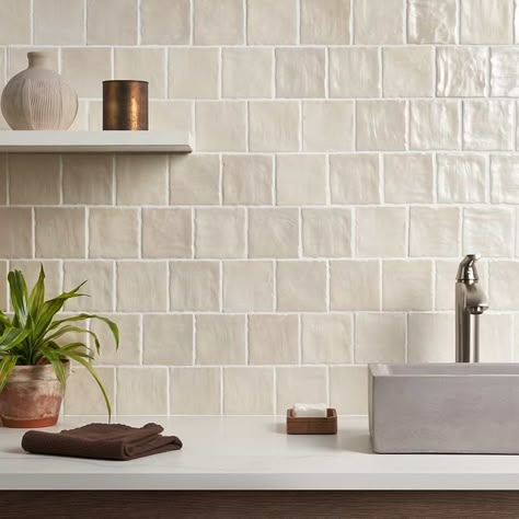 Montauk Sand Dune 4x4 Beige Ceramic Wall Tile with Mixed Finish Beige Kitchen Tiles Backsplash Ideas, Kitchen Tile Patterns Backsplash Ideas, Pottery Backsplash, Artesian Kitchen, Beige Tiles Kitchen, Beige Backsplash Kitchen, Cream Kitchen Backsplash, Beige Kitchen Tiles, Tan Backsplash