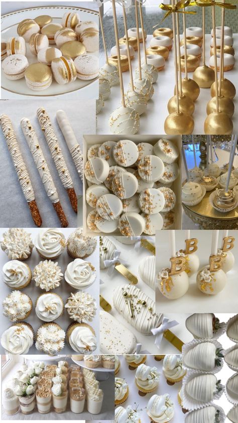 50th Bday Dessert Table, 21st Table Decor, Elegant Treats Desserts, Trendy Birthday Ideas, Gold Birthday Food Ideas, White And Gold Sweets Table, 50th Wedding Anniversary Dessert Table, Party Sweets Table Ideas, New Years Eve Dessert Table