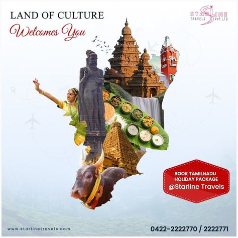 Land of Culture Welcomes You! Book Tamilnadu holiday package @ Starline Travels. Tamilnadu Culture Drawing, Tamil Culture Illustration, Tamil New Year Poster, Tamil Nadu Culture, Tamilnadu Map, Tamilnadu Culture, Tamil Art Culture, Ayutha Pooja, Indian Tourism