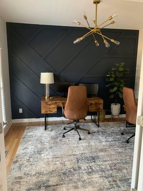 Office Decor Dark Walls, Black Board And Batten Accent Wall Living Room, Masculine Feature Wall, Black Matte Accent Wall, Green Black Accent Wall Living Room, Black Accent Wall Dinningroom, Feature Wall In Office, Gray Accent Wall Office, Dinner Room Accent Wall