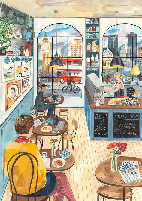 Illustrations - Miranda Sofroniou 심플한 그림, London Cafe, Art Mignon, Animal Illustrations, Art Et Illustration, Dessin Adorable, Art Journals, Whimsical Art, Cute Illustration