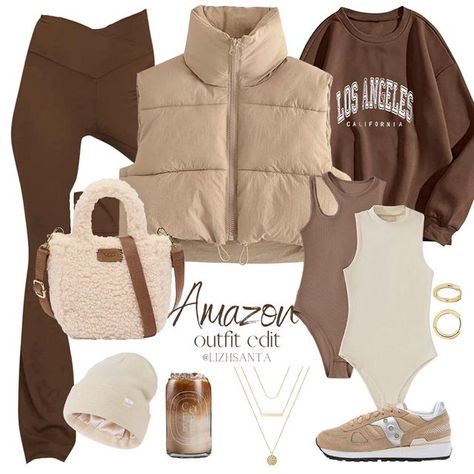 Bodysuit And Vest Outfit, Brown Outfit Aesthetic Winter, Outfits With Brown Bodysuit, Brown Gillet Outfits, Brown Gilet Outfit, Tan Sweatshirt Outfit, Brown Body Suit Outfit, Tan Hoodie Outfit, Brown Sweatshirt Outfit