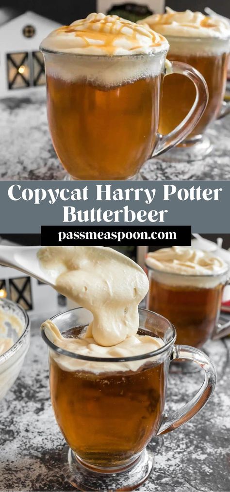 This easy, homemade Copycat Butterbeer recipe brings the Wizarding World of Harry Potter to your kitchen! The perfect treat for your next HP Movie marathon! Blast Ended Skrewts, Homemade Butterbeer Recipe, Harry Potter Inspired Meals, Harry Potter Friendsgiving, Harry Potter Baking Recipes, Harry Potter Themed Snacks Movie Nights, Harry Potter Dinner Recipes, Copycat Butterbeer, Harry Potter Food Recipes