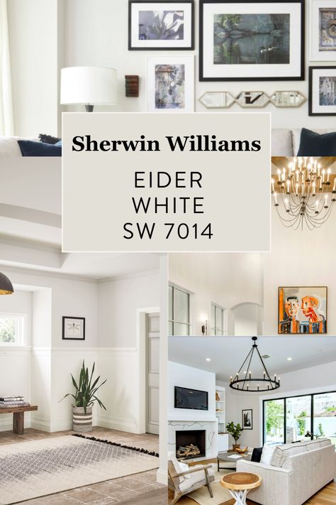 Eider White is a subtle gray that is soothing, chic, and timeless. You have to be careful because it's tricky in low light. Read the full paint color review here! #sherwinwilliams #paintcolor #eiderwhite #whitepaint #paintcolors #whitepaintcolors Eider White Vs Agreeable Gray, Alternatives To White Walls, Eider White Color Scheme, Eider White Complimentary Colors, Sherwin Williams Eider White Walls, Eider White Sherwin Williams Walls, Eider White Coordinating Colors, Eider White Cabinets, Sw Eider White