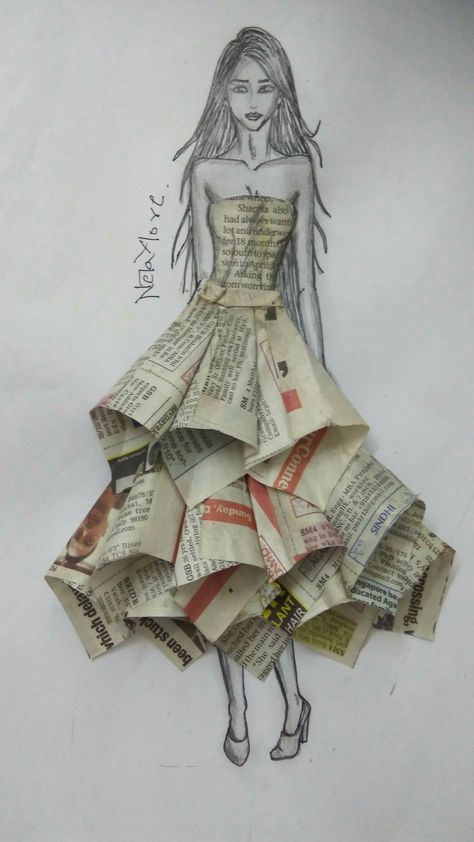 3d Dress Design Illustration, 3d Fashion Illustration Dresses, 3d Fashion Illustration, Paper Fashion Illustration, Recycled Dress Ideas, Paper Dress Art, Paper Dress Patterns, Newspaper Fashion, Newspaper Dress