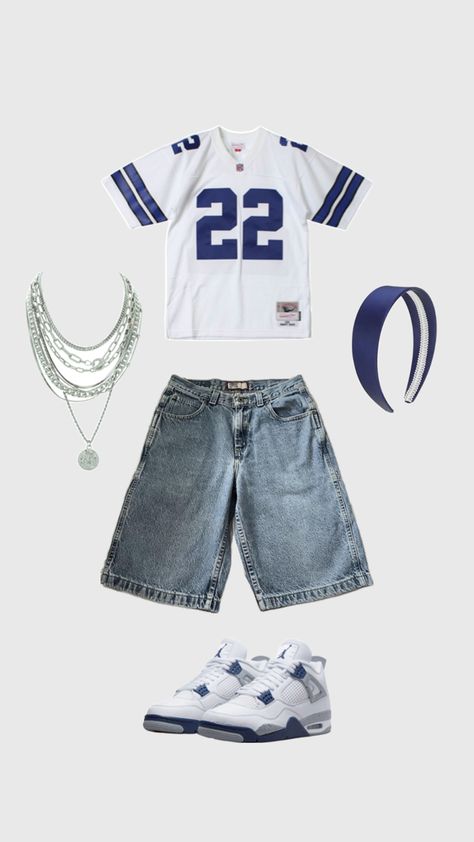 silver layered necklace, blue and white jersey, jorts, jordan 4s, Jersey Shirt Outfit, Jorts Outfit, Street Style Outfits Casual, Latina Fashion Outfits, Baggy Clothes, Outfit Inspo Casual, Blue Jersey, Jersey Outfit, Outfit Look