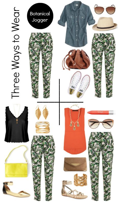 Three ways to wear banana leaf jogger pants Green Floral Pants Outfit, Printed Joggers Outfit, Gardening Pants, Floral Pants Outfit, Jogger Pants Outfit, Joggers Outfit, Summer Work Outfits, Chambray Top, Silk Trousers