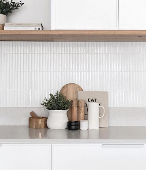 Kitchen Splashback Inspiration 🤍 Tiles Featured: Biscuit Bianco DLT92581 Gloss white Pixelate Zelij Chalk Gloss Handmade Lily Bejmat Bar Bianco mosaic #kitchensplashback #kitchentiles #kitchen #tiles #splashbacktiles #home #dilorenzotiles Costal Kitchen Splashback, White Square Splashback Tiles, Kitchen White Splashback, White Kitchen With White Backsplash, Tiled Kitchen Splashback, White Splashback Kitchen, Tiled Pantry, Kitchen Splashback Ideas Tiles, Kitchen Tile Splashback