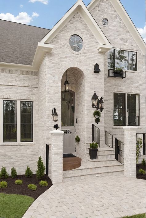 Oyster White, Exterior, Perfect Brick Color, 2024 Brick Home Painted Exterior Colors, White Brick Color Scheme, Oyster White Brick Exterior, Brick Beach House Exterior, Modern Brick Exterior House, House Brick Exterior Colors, Off White Brick House Exterior, Cream Painted Brick House, Oyster White Exterior