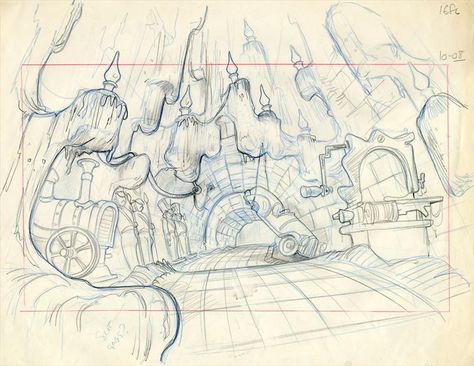 1 of 3 : Don Bluth THE SECRET OF NIMH Animation Layout Drawing, 1982 Don Bluth Animation, Exterior Layout Animation, Don Bluth Concept Art, Secret Of Nimh Art, Animation Layout Design, Don Bluth Art, Layout Animation, Sketch Composition, Disney Storyboard