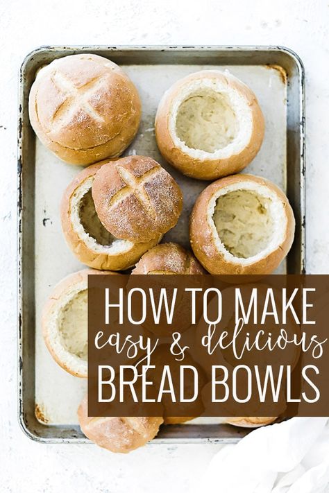 Tender, flakey, and easy! In this post we show you how to make bread bowls. They are the perfect companion to any creamy soup. What is better than a bowl that you can eat?! || Oh So Delicioso Panera Bread Bowl, Mini Bread Bowls, Bread Bowl Soup, Homemade Bread Bowls, Edible Bowl, Bread Bowl Recipe, Almond Bread, Make Bread, Bread Bowl