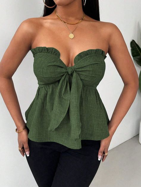 SHEIN Privé Women Solid Color Strap Ruffle Trim Tube Top For Spring/SummerI discovered amazing products on SHEIN.com, come check them out! Women Tops, Ruffle Trim, Ruffle Hem, Tube Top, Fashion Online Shop, Online Fashion, Army Green, All Fashion, Women Clothing