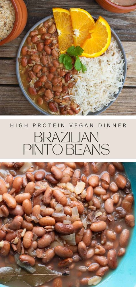 Dive into this high protein vegan recipe featuring Brazilian Rice and Beans! Perfect for a nutritious family dinner, it's easy to make in your Instant Pot. A delicious way to enjoy pinto beans with a Brazilian twist! Bean Dinners Healthy, Brazilian Beans Instant Pot, Brazilian Rice And Beans Recipe, High Protein Vegan Bean Recipes, Tri Bean Blend Recipes, High Protein Beans And Rice, Brazilian Rice And Beans, Vegan Breakfast Skillet Recipes, Pinto Bean Recipes Instant Pot