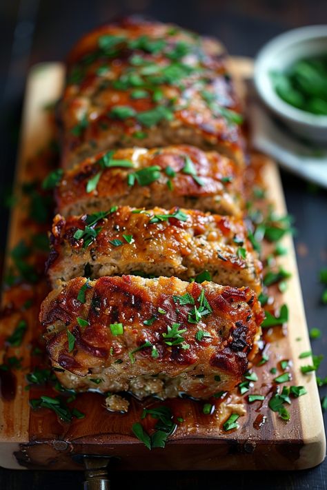 Slices of glazed meatloaf garnished with fresh herbs on a wooden cutting board. Ground Turkey Meal Ideas Healthy, Flavorful Ground Turkey Recipes, Turkey Ranch Meatloaf, Ground Turkey Halloween Recipes, Meatloaf With Onion Soup Mix Lipton Ground Turkey, Dinner Idea Ground Turkey, Dishes To Make With Ground Turkey, Dinner Ideas With Turkey Ground, Healthy Meals For The Whole Family