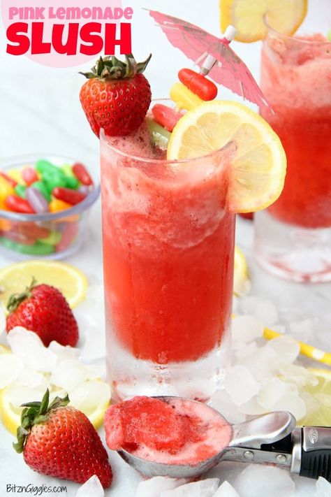 Pink Lemonade Slush - A sweet, tangy and refreshing drink perfect for family gatherings and celebrations. #slush #summerdrink #frozendrink #lemonade #pinklemonade #bitzngiggles Frozen Pink Lemonade, Wine Slushie Recipe, Frosé Recipe, Lemonade Slush, Frying Recipes, Easy Alcoholic Drinks, Frozen Rose, Pineapple Lemonade, Slushie Recipe