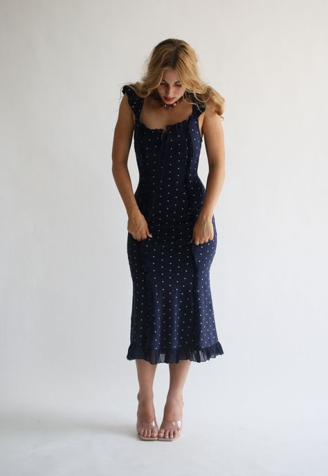 The Desirée Dress in Bardot – Wild Rose & Sparrow Collecting Seashells, Navy Polka Dot Dress, Navy Summer Dress, Corset Skirt, Lace Up Corset, Bustier Dress, Princess Seams, Chiffon Ruffle, Wild Rose