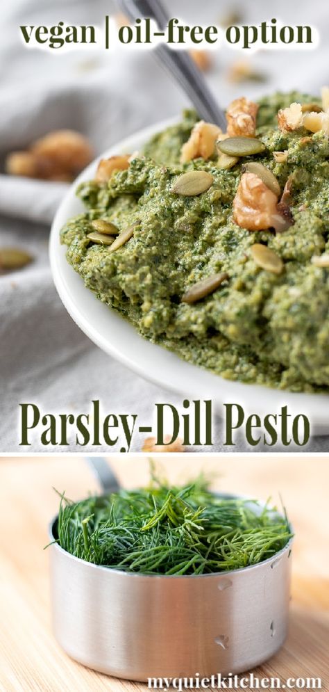 Delicious spin on pesto made with parsley, dill, walnuts, pumpkin seeds, garlic, and lemon. #Vegan #Glutenfree #Oilfree #Pesto Dill Pesto, Lemon Vegan, Low Fat Vegan Recipes, Parsley Pesto, Dill Recipes, Pumpkin Seed Recipes, Healthy Plant Based Recipes, Plant Based Diet Recipes, Vegan Pesto